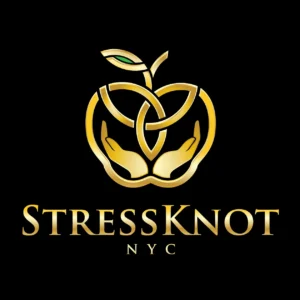 Stress Knot NYC logo featuring golden hands, a knot design, and apple symbol representing premium in-home massage services.
