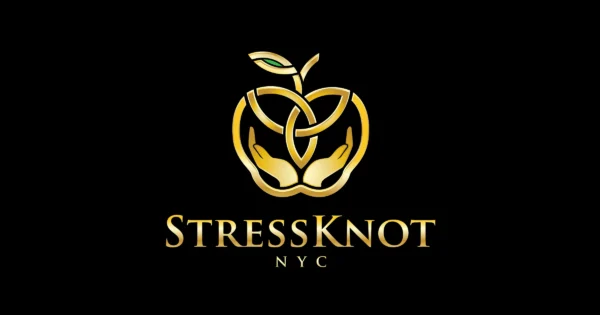 Stress Knot NYC logo featuring golden hands, a knot design, and apple symbol representing premium in-home massage services.